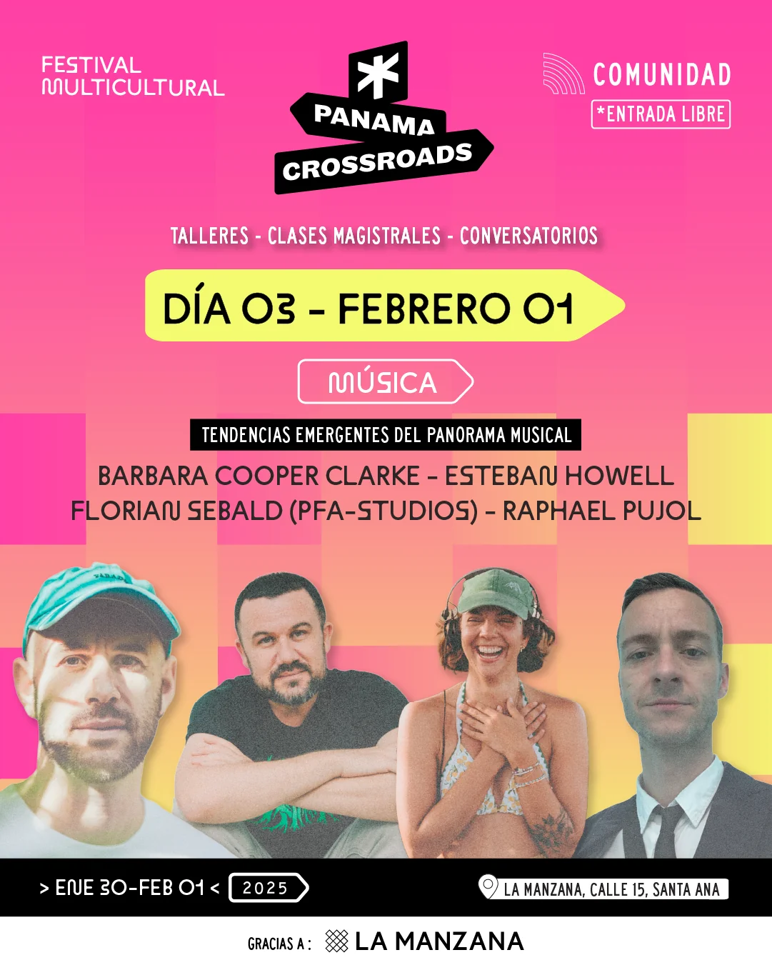 Día 03, sábado 1 de febrero — Música: tendencias emergentes del panorama musical, con Barbara Cooper Clarke, Esteban Howell, Florian Sebald (PFA-Studios) y Raphael Pujol
